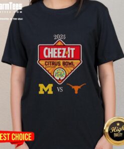 2025 Cheez-It Citrus Bowl ladies tee featuring Michigan Wolverines vs Texas Longhorns at Camping World Stadium.