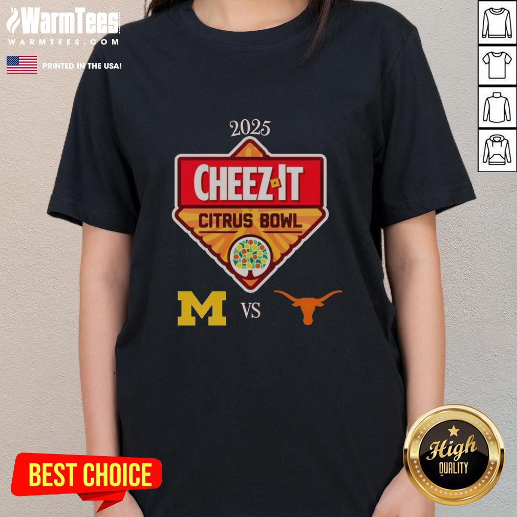 top-official-michigan-wolverines-vs-texas-longhorns-2025-cheez-it-citrus-bowl-at-e2808bcamping-world-stadium-ladies-tee 2025 Cheez-It Citrus Bowl ladies tee featuring Michigan Wolverines vs Texas Longhorns at Camping World Stadium.