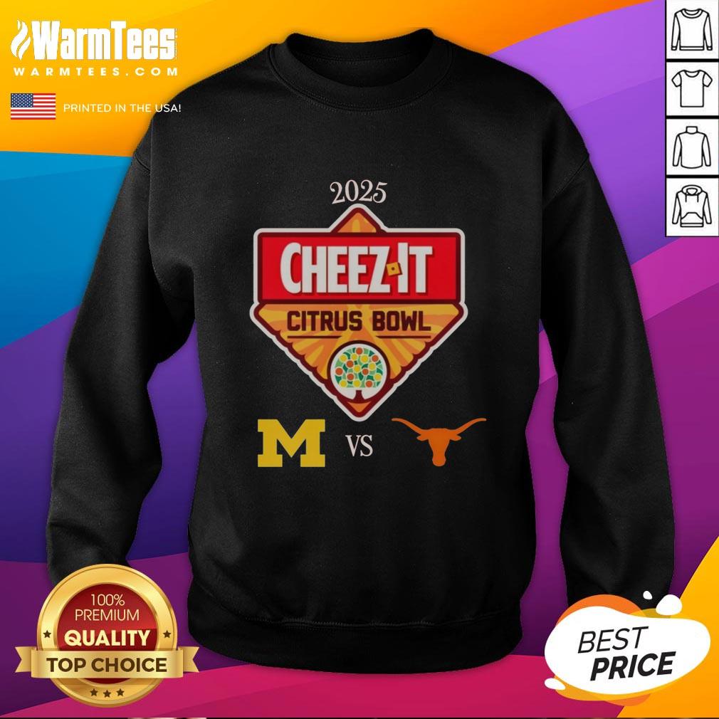 top-official-michigan-wolverines-vs-texas-longhorns-2025-cheez-it-citrus-bowl-at-e2808bcamping-world-stadium-sweatshirt 2025 Cheez-It Citrus Bowl sweatshirt featuring Michigan Wolverines vs Texas Longhorns at Camping World Stadium.