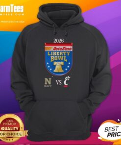 Top Official Navy Midshipmen vs Cincinnati Bearcats 2026 Autozone Liberty Bowl matchup hoodie design featuring team logos.