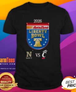 Top Official Navy Midshipmen vs Cincinnati Bearcats 2026 Autozone Liberty Bowl Matchup T-Shirt design featuring team logos.