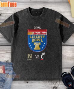 Alt Text: Navy Midshipmen vs Cincinnati Bearcats 2026 Autozone Liberty Bowl Matchup washed t-shirt design featuring team logos.