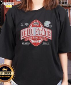 Black ladies' tee featuring Ohio State Buckeyes logo for 2025 Cotton Bowl CFP Quarterfinal, perfect for fans.