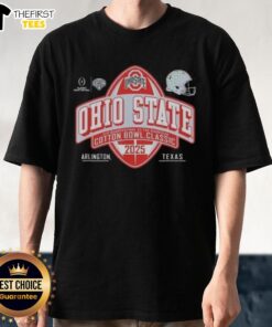 Alt Text: Top Ohio State Buckeyes Cotton Bowl 2025 CFP Quarterfinal Black T-Shirt featuring team logo and vibrant design.