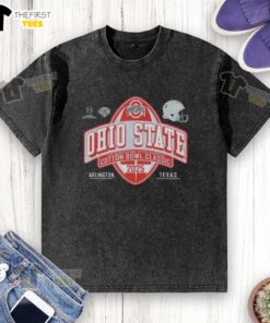 Alt Text: Black washed t-shirt featuring Ohio State Buckeyes logo for 2025 Cotton Bowl CFP Quarterfinal game.