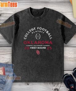 Top Oklahoma Sooners NCAA 2025-26 College Football Playoff First Round curved washed t-shirt in vibrant colors.