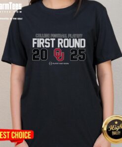 Top Oklahoma Sooners NCAA 2025 College Football Playoff First Round logo on a ladies tee shirt design.