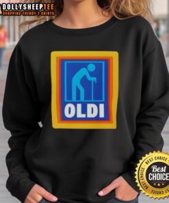 Funny Top OLDI Senior Aldi logo parody sweatshirt design for humor lovers and Aldi fans.