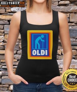 Funny parody tank top featuring the OLDI Senior Aldi logo, perfect for humor and casual summer wear.