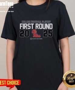 Alt Text: Top Ole Miss Rebels NCAA 2025 College Football Playoff First Round logo on a women's tee shirt.