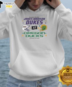 Top Oregon Ducks vs JMU Dukes 2025 CFP First Round Matchup hoodie design featuring team logos and vibrant colors.