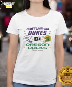 Top Oregon Ducks vs JMU Dukes 2025 CFP first round matchup ladies tee, showcasing team spirit and game day style.