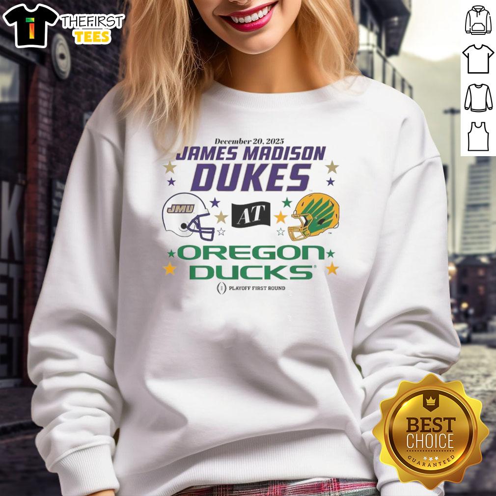 top-oregon-ducks-jmu-dukes-2025-cfp-first-round-matchup-sweatshirt Top Oregon Ducks vs JMU Dukes 2025 CFP First Round Matchup Sweatshirt featured in vibrant colors and team logos.