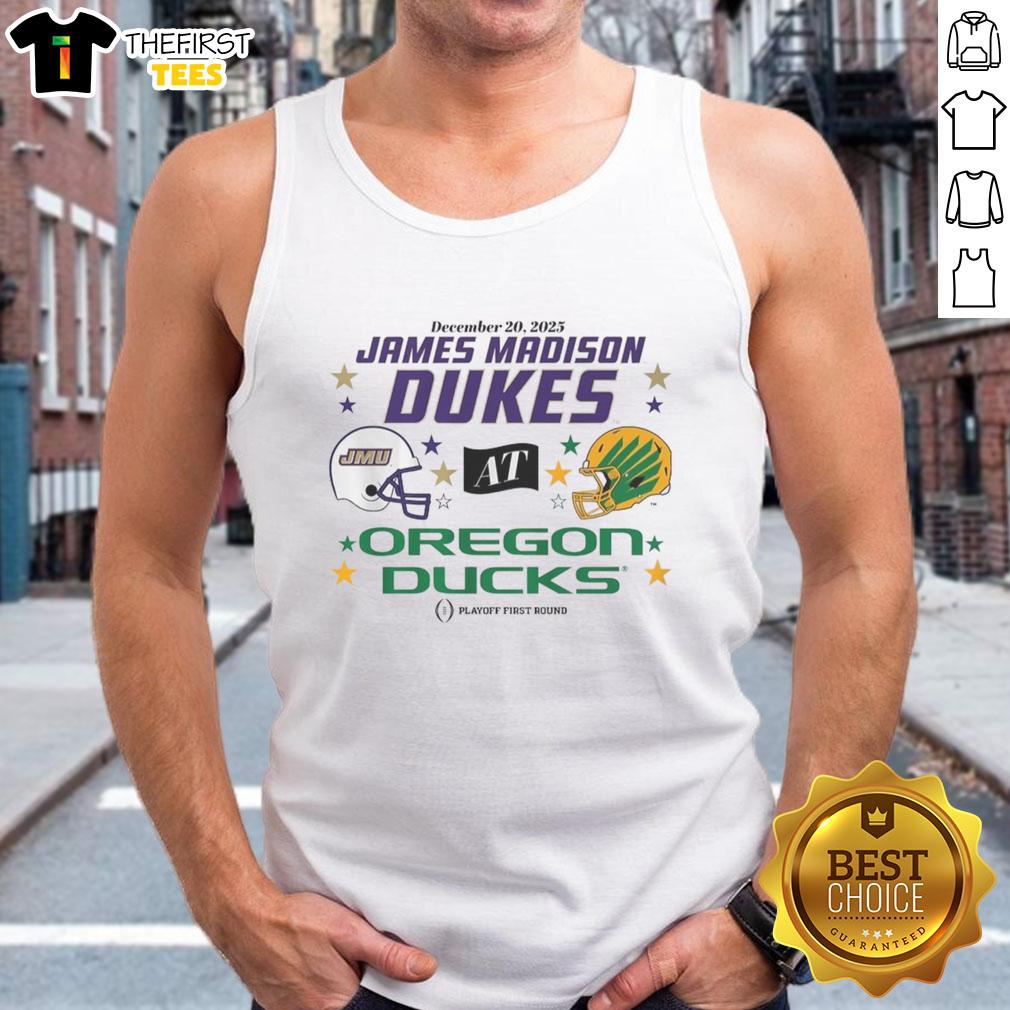 top-oregon-ducks-jmu-dukes-2025-cfp-first-round-matchup-tank-top Top Oregon Ducks vs JMU Dukes 2025 CFP First Round Matchup Tank Top showcasing team logos and vibrant colors.