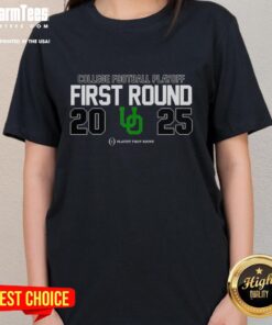 Top Oregon Ducks NCAA 2025 College Football Playoff First Round logo on a stylish ladies tee shirt.