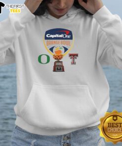 Alt Text: Stylish hoodie featuring the 2026 Capital One Orange Bowl logo for the Oregon Ducks vs Texas Tech Red Raiders matchup.