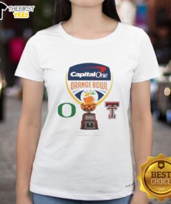 Alt Text: 2026 Capital One Orange Bowl logo featuring Oregon Ducks vs Texas Tech Red Raiders on a ladies tee shirt.
