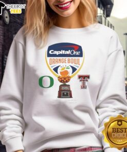 Alt Text: 2026 Capital One Orange Bowl sweatshirt featuring Oregon Ducks vs Texas Tech Red Raiders logo design.