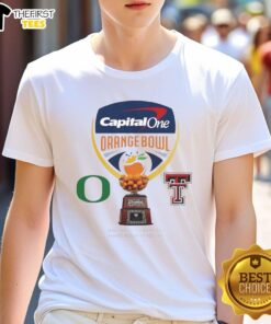Top Oregon Ducks Vs Texas Tech Red Raiders 2026 Capital One Orange Bowl Logo T-Shirt design featuring vibrant team logos.
