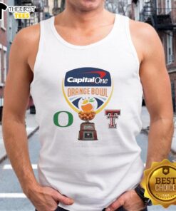 Alt Text: Stylish tank top featuring the 2026 Capital One Orange Bowl logo for Oregon Ducks vs. Texas Tech Red Raiders.