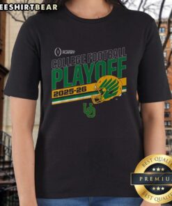 Top Oregon Football 2025 CFP Stripe Ladies Tee featuring team colors and logo for stylish game day apparel.