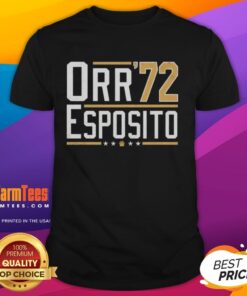 Alt Text: Top Orr Esposito '72 Bobby Orr Bruins Legends T-Shirt featuring iconic graphics for hockey fans.