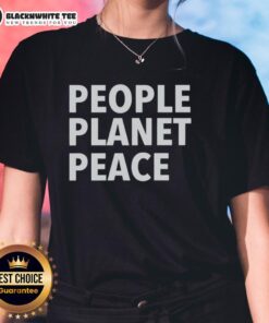 Top People Planet Peace Ladies Tee featuring a stylish design promoting sustainability and harmony for women.