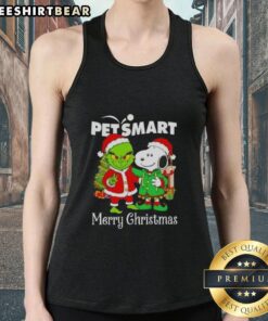 Top PetSmart x Grinch and Snoopy Merry Christmas tank top featuring festive designs for pets during the holiday season.
