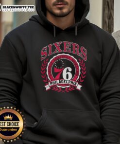 Alt Text: Retro hoodie featuring the Philadelphia 76ers logo framed by a laurel wreath, perfect for NBA fans.
