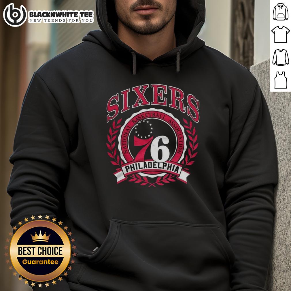 Top Philadelphia 76ers National Basketball Association Logo Laurel Wreath Frame Retro Hoodie Alt Text: Retro hoodie featuring the Philadelphia 76ers logo framed by a laurel wreath, perfect for NBA fans.