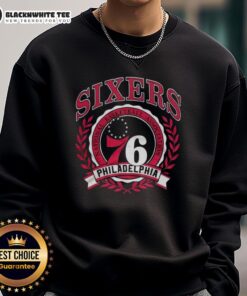 Retro Philadelphia 76ers sweatshirt featuring NBA logo and laurel wreath frame design, perfect for fans.
