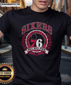 Alt Text: Retro Philadelphia 76ers NBA logo T-shirt with laurel wreath frame design, perfect for basketball fans.