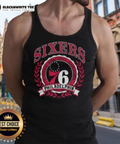 Vintage Philadelphia 76ers NBA logo with laurel wreath frame on a retro tank top design, perfect for basketball fans.