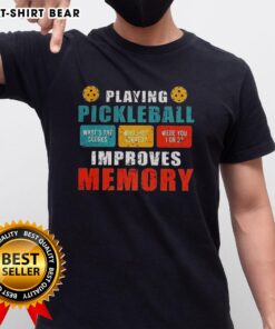 Vintage T-shirt design featuring 'Top Playing Pickleball Improves Memory' and playful saucers graphic.