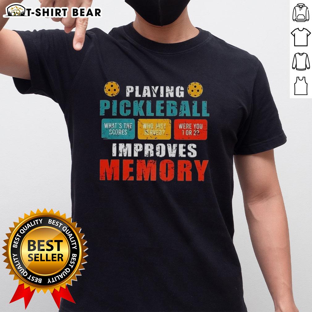 Top Playing Pickleball Improves Memory What'S The Saucers Vintage T Shirt Vintage T-shirt design featuring 'Top Playing Pickleball Improves Memory' and playful saucers graphic.