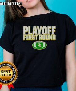 2025 CFP Winner Oregon Ducks Ladies Tee celebrating Top Playoff First Round victory with team colors and logo design.