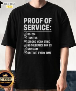 Top Proof Of Service DD-214 Tinnitus T-Shirt featuring military design, perfect for veterans promoting awareness.