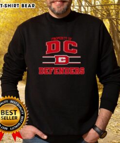 Alt Text: Stylish DC Defenders UFL logo sweatshirt featuring bold colors, perfect for fans and casual wear enthusiasts.