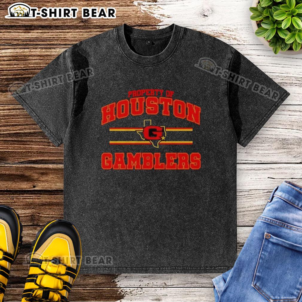 Top Property Of Houston Gamblers Ufl Logo Washed T Shirt Alt Text: Houston Gamblers UFL logo washed t-shirt showcasing vintage design and comfortable fit for fans and collectors.