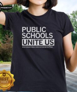 Alt Text: Top Public Schools Unite Us Wisconsin Public Education Network Letter Ladies Tee showcasing educational pride.