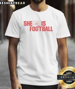 Alt Text: Top Rashad Wisdom Tampa Bay Buccaneers 'She Is Football' T-Shirt featuring a stylish design for female fans.