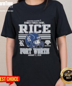 Top Rice Owls football 2026 Armed Forces Bowl Fort Worth helmet on ladies tee, showcasing team spirit and style.