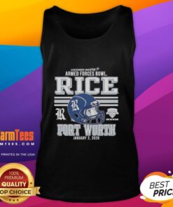 Top Rice Owls football helmet and tank top for the 2026 Armed Forces Bowl in Fort Worth, showcasing team spirit.