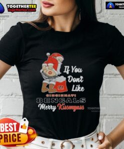 Funny Christmas tee featuring 'Merry Kiss My Ass' with Santa for Cincinnati Bengals fans. Perfect holiday gift!