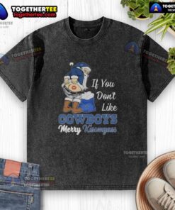 Alt Text: Top Santa Claus wearing a humorous 'If You Don't Like Dallas Cowboys, Merry Kiss My Ass' washed t-shirt.