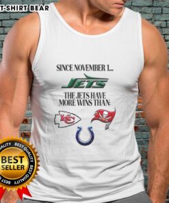 New York Jets logo with text highlighting more wins than tank top since November 1, showcasing team success.