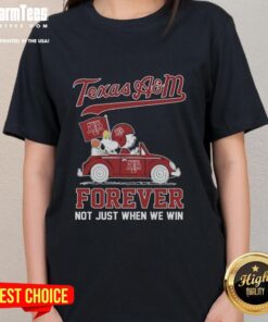 Alt Text: Snoopy and Charlie Brown driving a car, showcasing Texas A&M Aggies spirit on a ladies tee, Forever, Not Just When We Win.