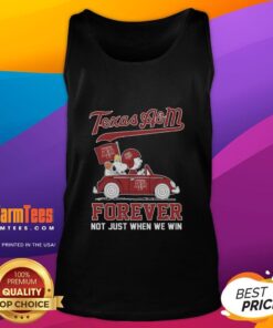 Alt Text: Snoopy and Charlie Brown in a car wearing a Texas A&M Aggies tank top, celebrating fandom with Forever, Not Just When We Win.