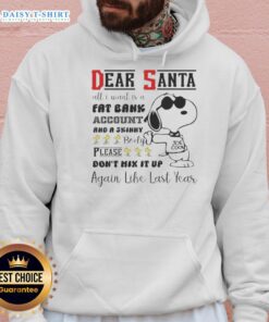Alt Text: Cozy hoodie featuring Snoopy with the quote Dear Santa, all I want is a fat bank account and a skinny body.