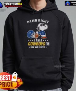 Alt Text: Snoopy in a hoodie displaying 'Damn Right I Am A Cowboys Fan' design, perfect for loyal Dallas Cowboys supporters.